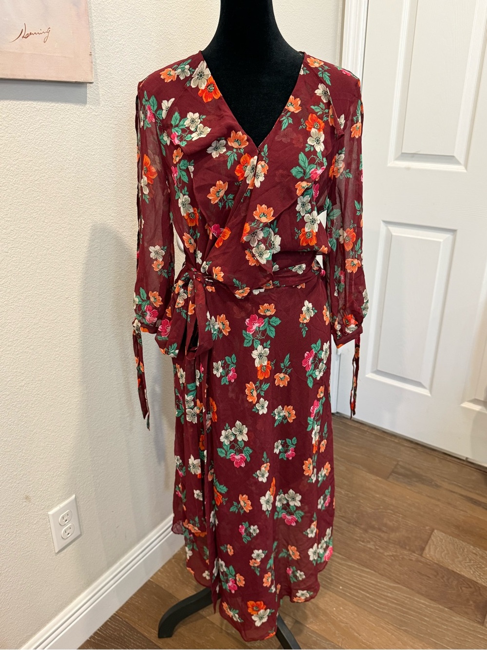 Maje Floral Wrap Midi Dress in Burgundy with Orange & Green Accents size 3
